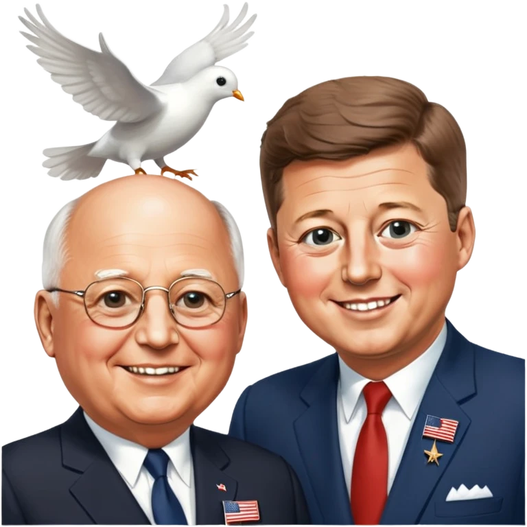 John F. Kennedy and Mikhail Gorbachev side by side, smiling, friendly diplomatic atmosphere, small peace symbols and doves, US and USSR flags as accents emoji