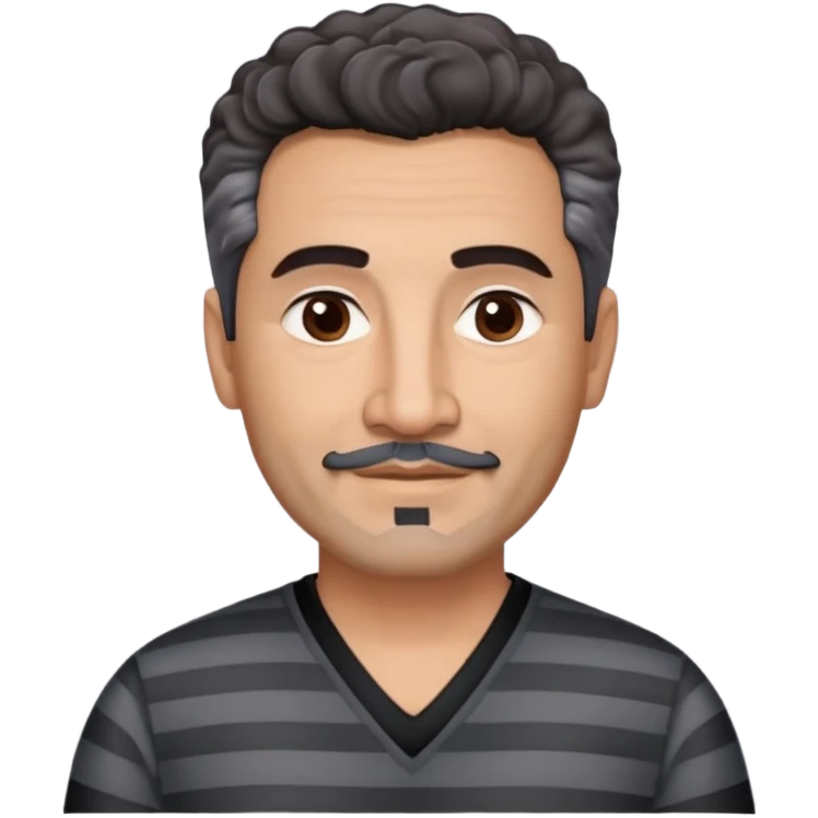 Latino theatre director in his late 40s with cinnamon skin. Square structured face. Approachable expression with gentle smile. Calm dark eyes. Thick eyebrows. Well-groomed black goatee with a few gray hairs. Short curly dark hair. Wearing a black V-neck shirt with gray stripes. emoji