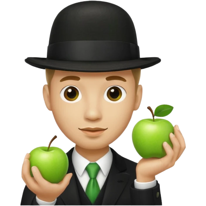 homme en costume chapeu melon aven avec une pomme verte dqui cache son visage  emoji