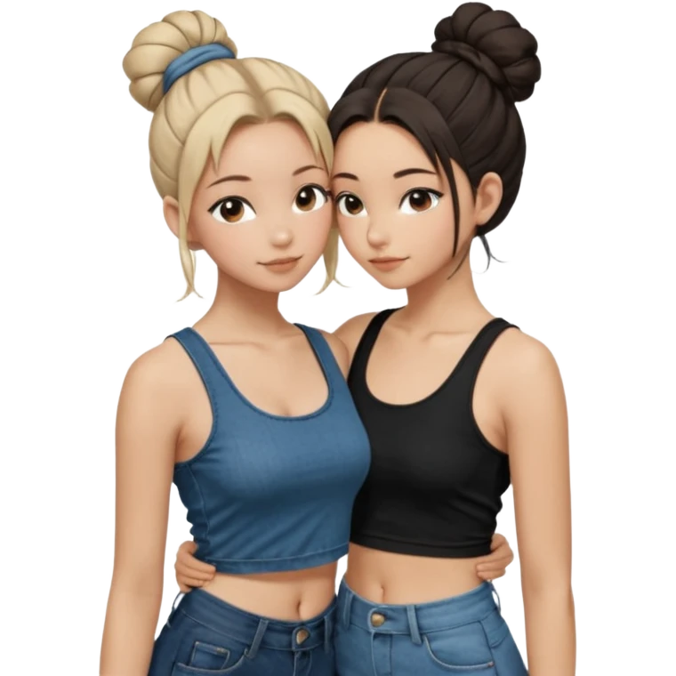 Pose: Two girls hugging forehead to forehead. Both are slim and look very close. 	•	Girl 1 	•	Hair: black, tied up in a bun. 	•	Outfit: long shiny jeans and a crop tank top. 	•	Girl 2 (Viksi): 	•	Hair: dark brown, long down to the waist, worn loose. 	•	Outfit: short leggings and a crop top. emoji