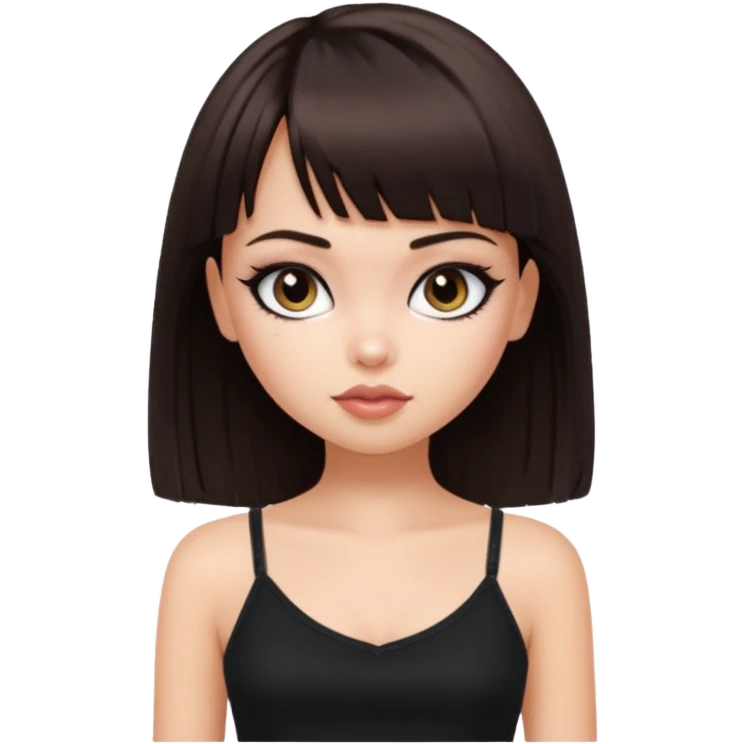 generate a pretty bratz girl in black cami top, dark brown straight bob hair with bangs, eyeliner on, emoji