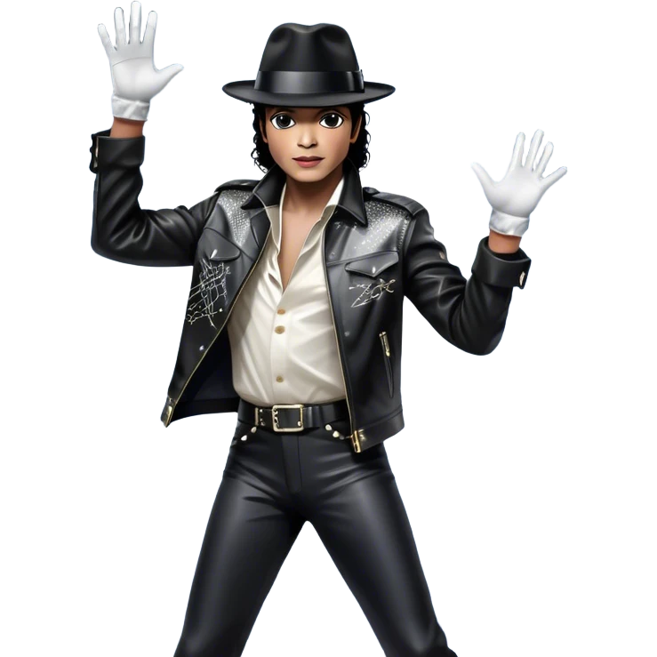 Icon of Michael Jackson as R&B legend: wearing a black fedora, sparkling glove, and leather jacket, striking a moonwalk pose. Background with musical notes and abstract patterns, capturing the energy and soul of R&B. Transparent background. emoji