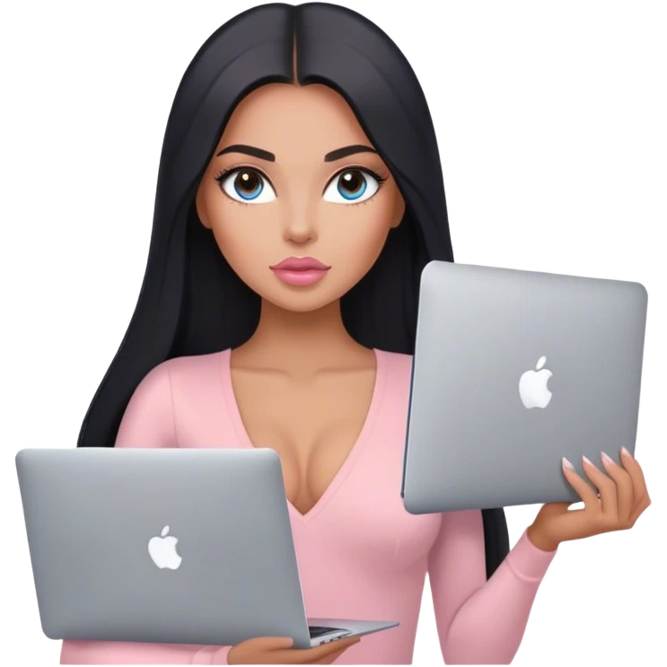 Glamours, tanned, very beautiful girl, with big pump peach-beige-rose lips, long lashes, black straight smooth silky long hair, straight parting hair, blue-grey eyes, in light-pink v-neck bodysuit holding MacBook emoji