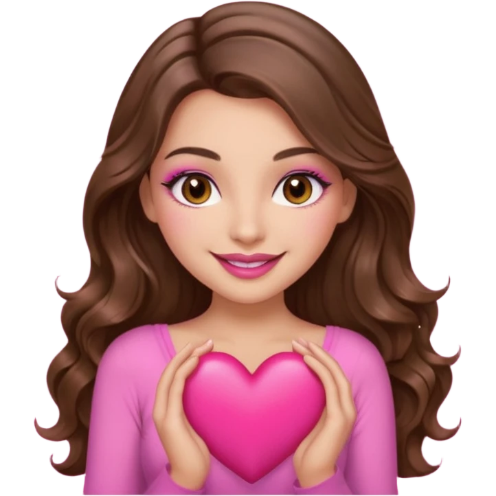 girl with long wavy brown hair, brown eyes, long lashes makeup, sexy pink lips, light to medium complexion, wearing a pink sexy top, smiling, holding a big heart emoji