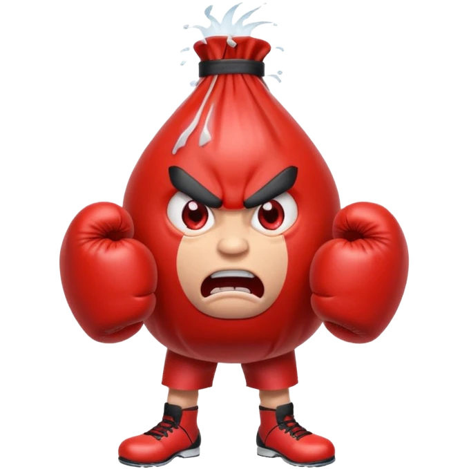 Gota de agua de color rojo con cara de enfado y unos guantes de boxeo, que tenga brazos y piernas musculados emoji