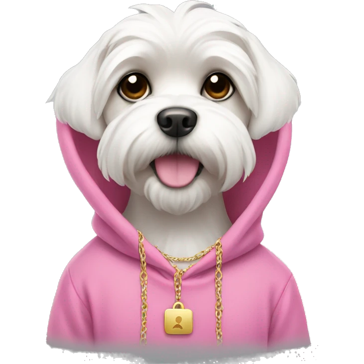 White Maltese wearing pink hoodie with gold necklace  emoji