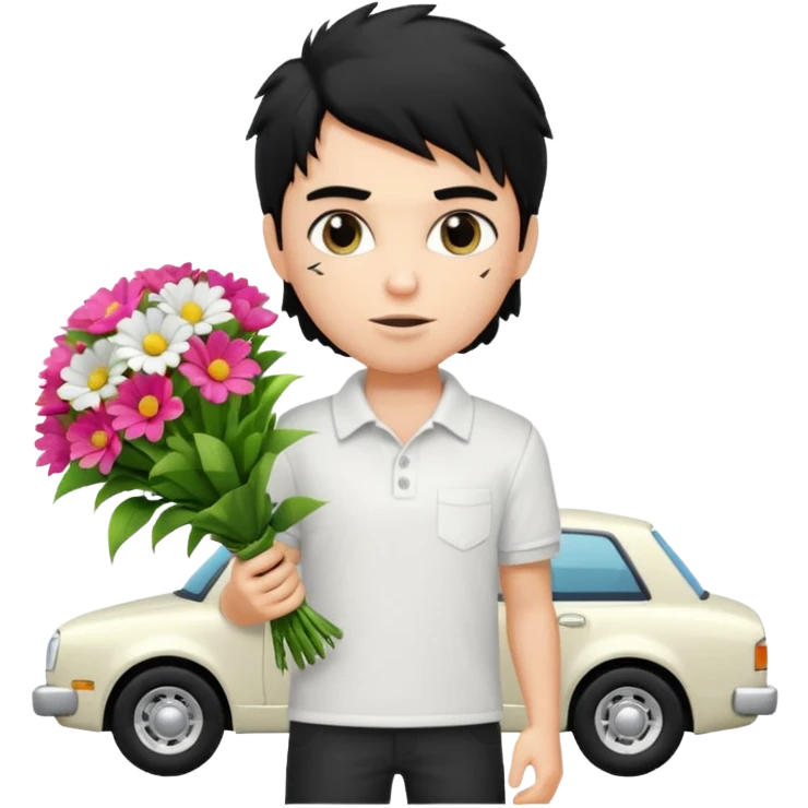 generate a pretty fair bratz boy with a messy mullet (black hair), wearing a white polo.  carrying a bouquet made of money. expensive car behind him emoji