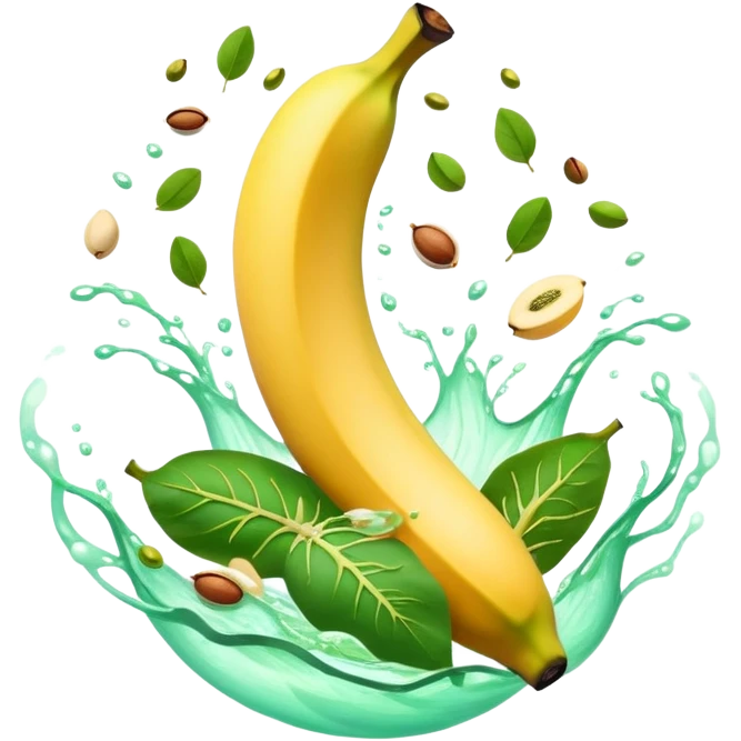 Golden banana, bright green spinach, salmon, kiwi, pistachios, and orange juice floating around a glowing nervous system and heart. Electrical waves connect these potassium-rich foods to nerves, heart and muscles, showing how they support electrical stability in the body. emoji