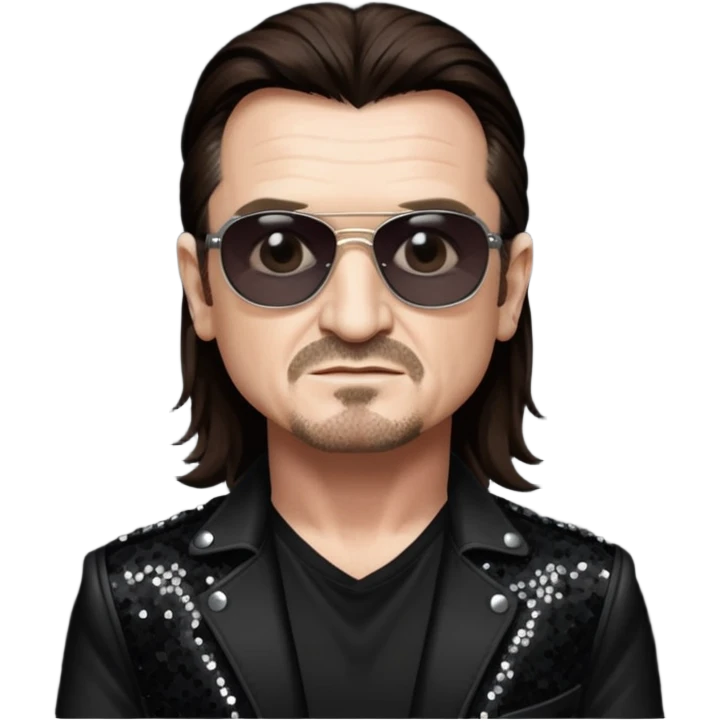 Bono with long dark brown hair, black sequin tour outfit emoji