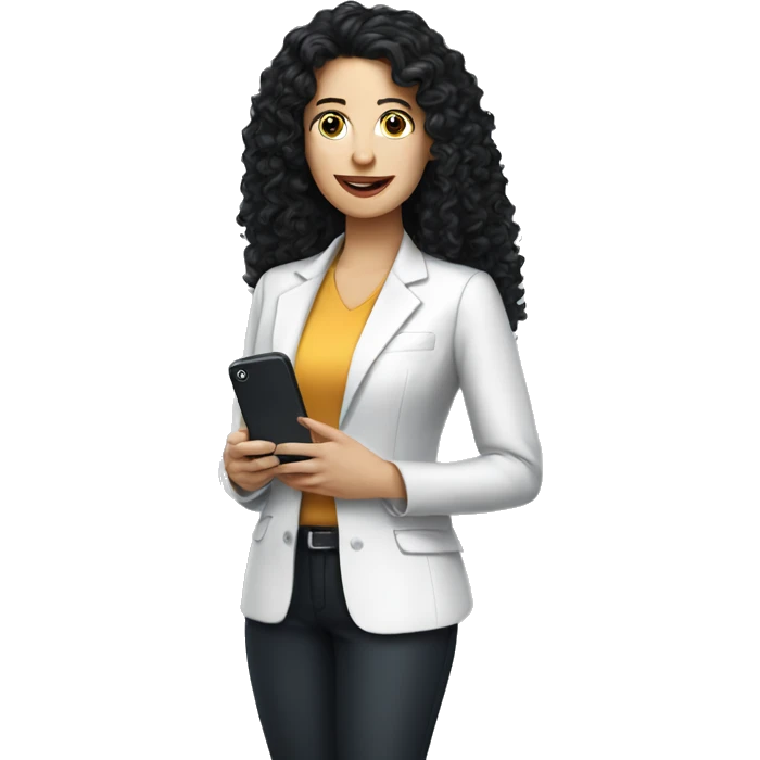 corporate white woman, long black curly hair, with a phone emoji