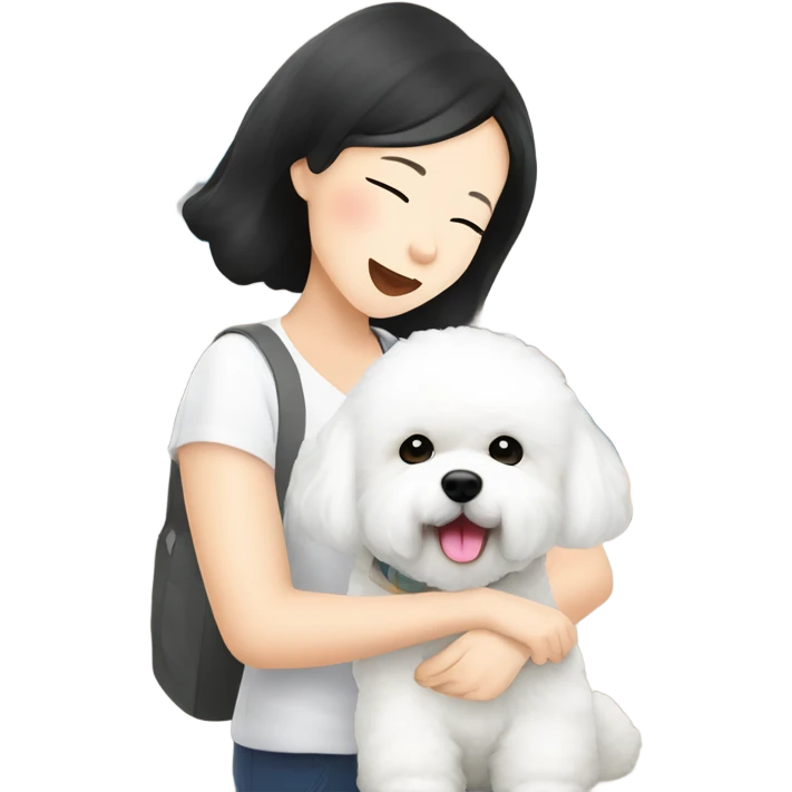 A cute korean style bichon frise with a Asian woman at the airport  emoji