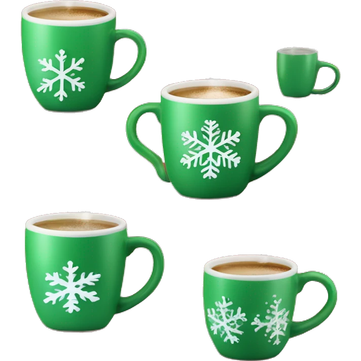 mugs with a hot drink decorated with snowflakes or a striped caramel stick. Steam rises from the mug in the shape of hearts. The color of the mug is warm red or green to convey the New Year mood emoji