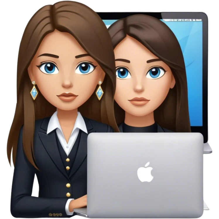 Model sexy tanned beautiful girl with pump nude lips and brunette straight long hair, straight hair parting, blue eyes with MacBook and black, black suit vest, V-neck, and white gold stud earrings with small diamond emoji