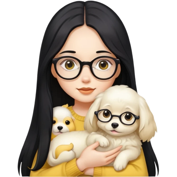 A beautiful girl with long black hair and glasses is holding a long-haired white and yellow puppy emoji