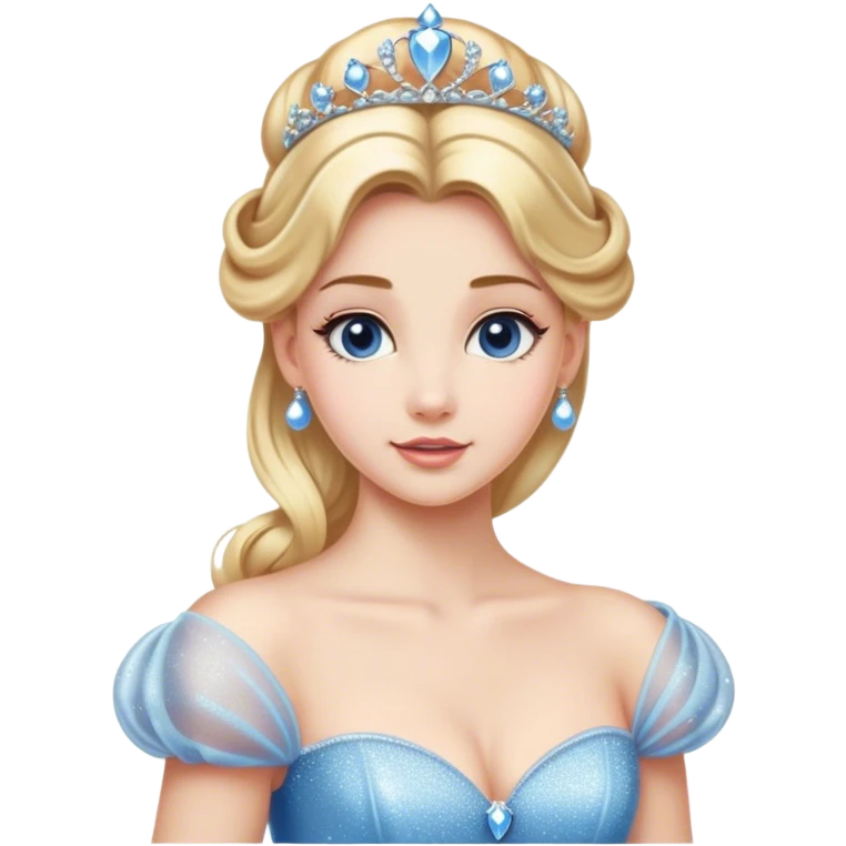 Cinematic Majestic Cinderella Portrait Emoji, rendered in a realistic, vector-style with clean, bold shapes. Depict Cinderella with a refined, noble expression, her fair skin luminous and her long blonde hair styled in an elegant updo, adorned with a delicate tiara. Her attire is a simple, sparkling ball gown that radiates soft pastel hues, glowing with a soft, majestic light and a subtle glowing outline, epitomizing classic royal beauty. emoji