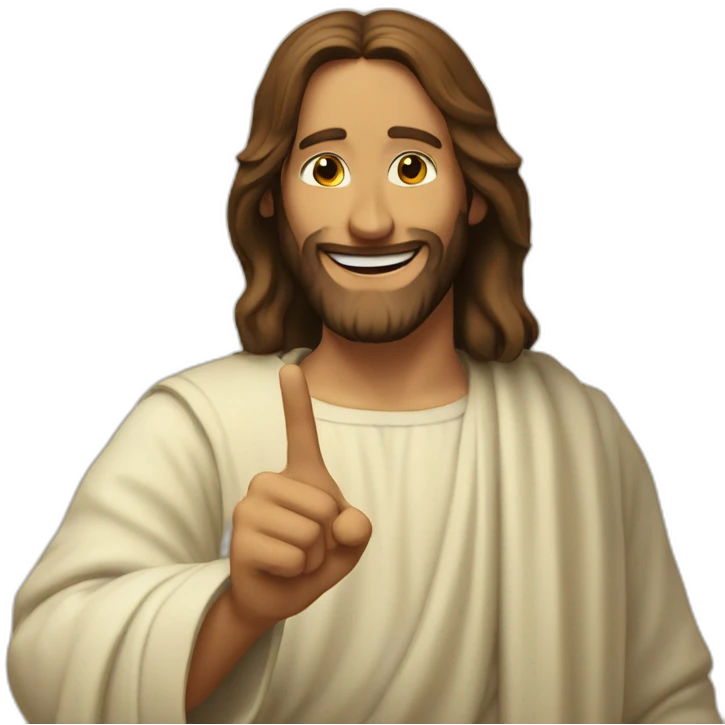 Jesus pointing in front of him with his boths fingers and smiling emoji