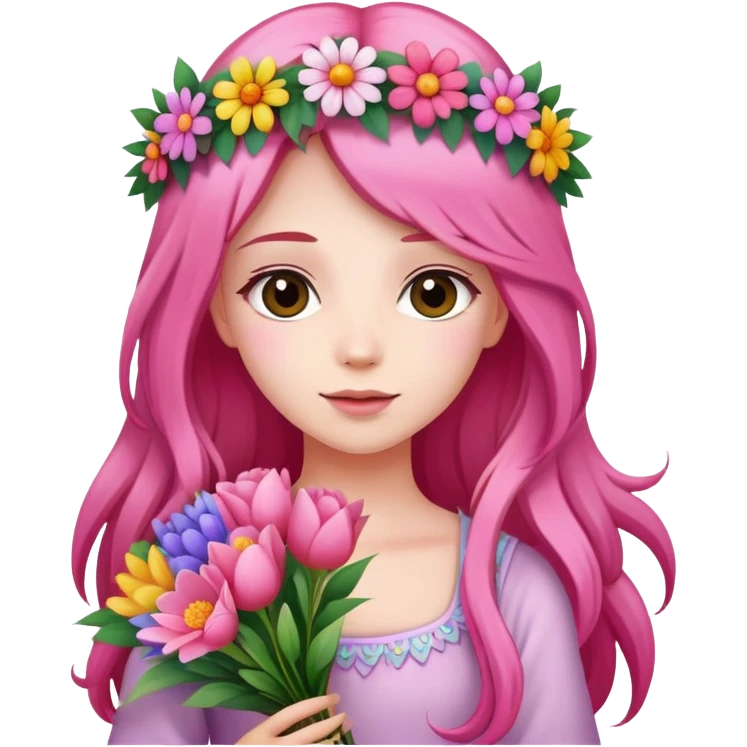 Beautiful girl with pink long hair and a wreath holding a bouquet of flowers emoji