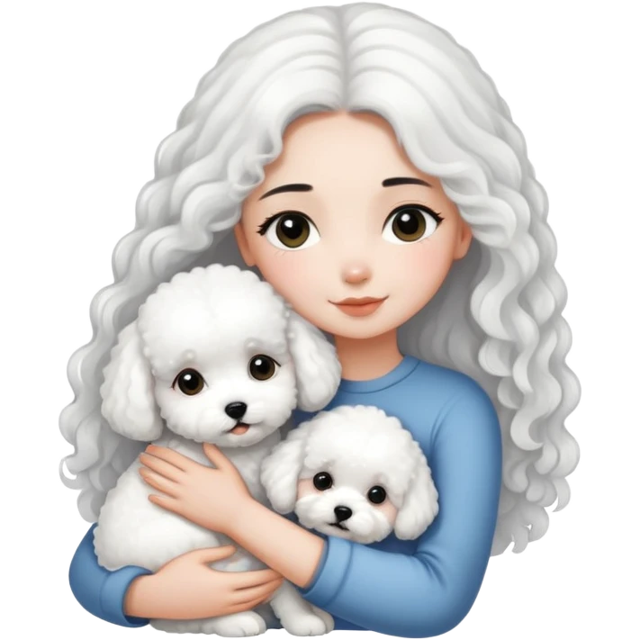A girl with long straight black hair hugs a white curly-haired Bichon Frise puppy emoji
