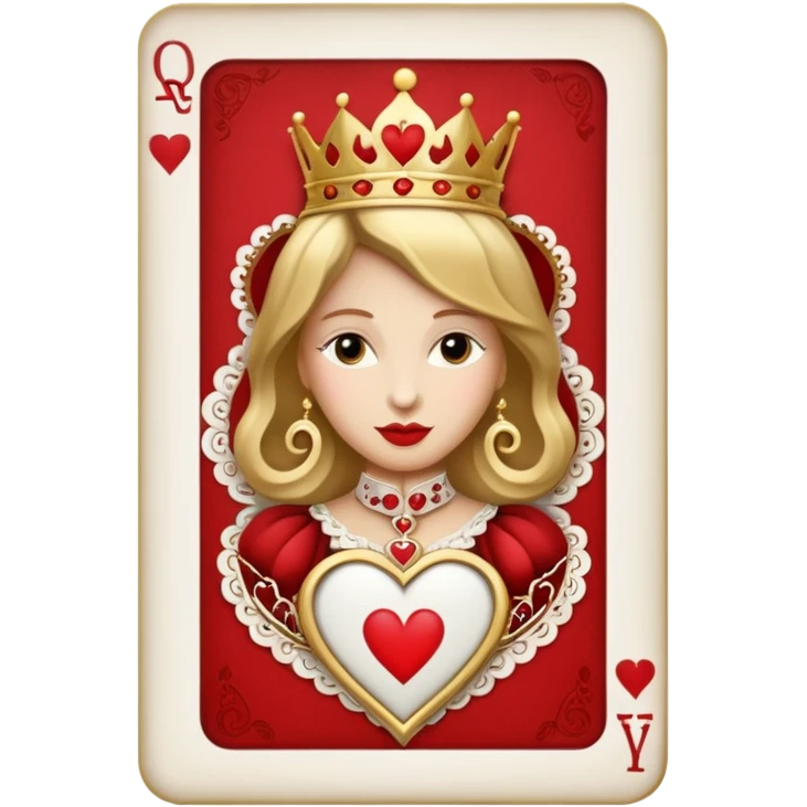 a playing beige and white card depicting the Queen of Hearts in gold emoji