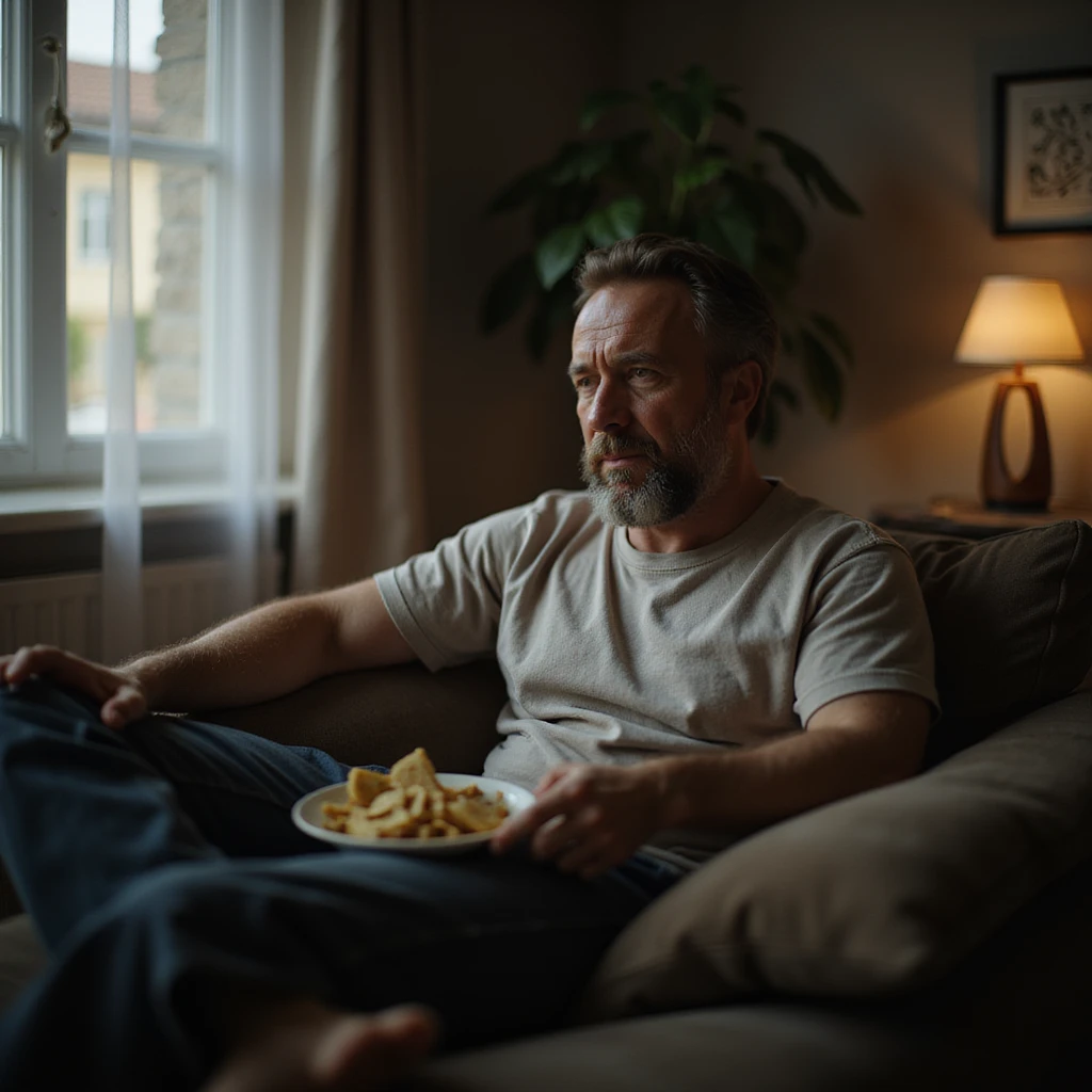 Uomo di 30 anni seduto sul divano che mangia patatine e beve bibita davanti alla TV, ambiente domestico disordinato, dettagli iperrealistici 4K, testo in italiano: 'Abitudine serale'. emoji