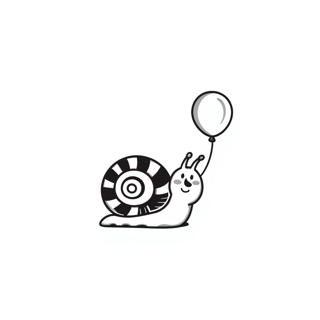 happy snail with cheerful eyes and a balloon on its shell, hand drawn doodle style emoji