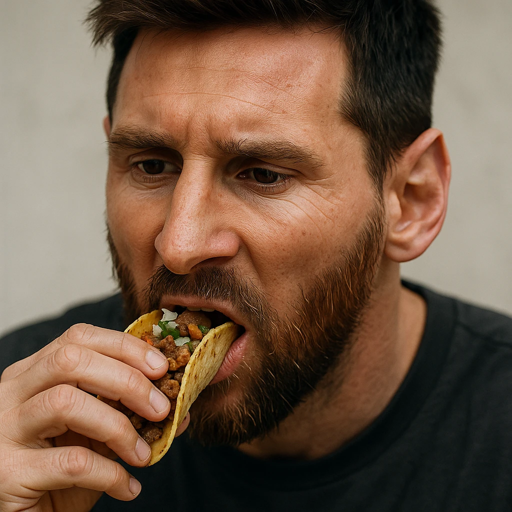 ultrarealistic style portrait of Messi eating tacos, neutral background, focus on facial details and food emoji