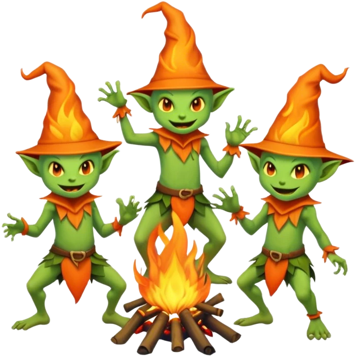 Goblins dancing around a fire with white pointy hats emoji