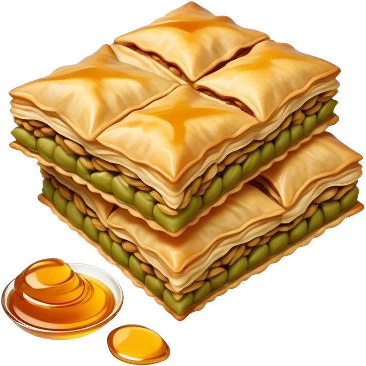 Cinematic Realistic Baklava Dessert Emoji, depicted as layers of flaky pastry with honey and nuts rendered with rich textures and warm, inviting lighting. emoji