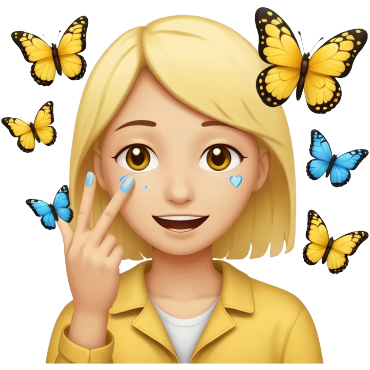 yellow circle face holding back tears of joy and a peace sign and butterflies  emoji