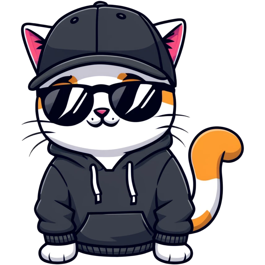 cat wearing a black snapback cap and black hoodie, with black sunglasses positioned low on his nose, winking one eye while looking directly at the viewer over the top of his sunglasses with a mischievous expression, doing graffiti with spray paint emoji
