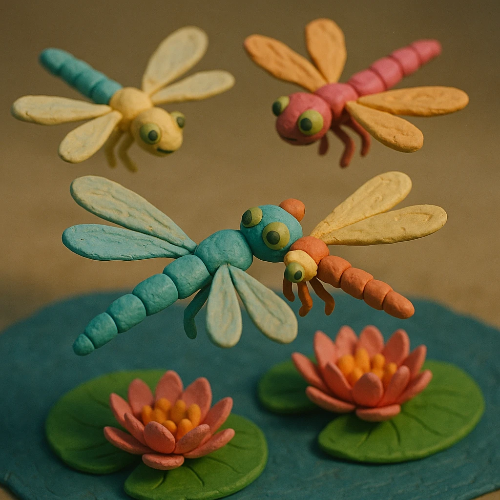 claymation style dragonfly family flying in a circle above water lilies, colorful and whimsical, soft lighting emoji