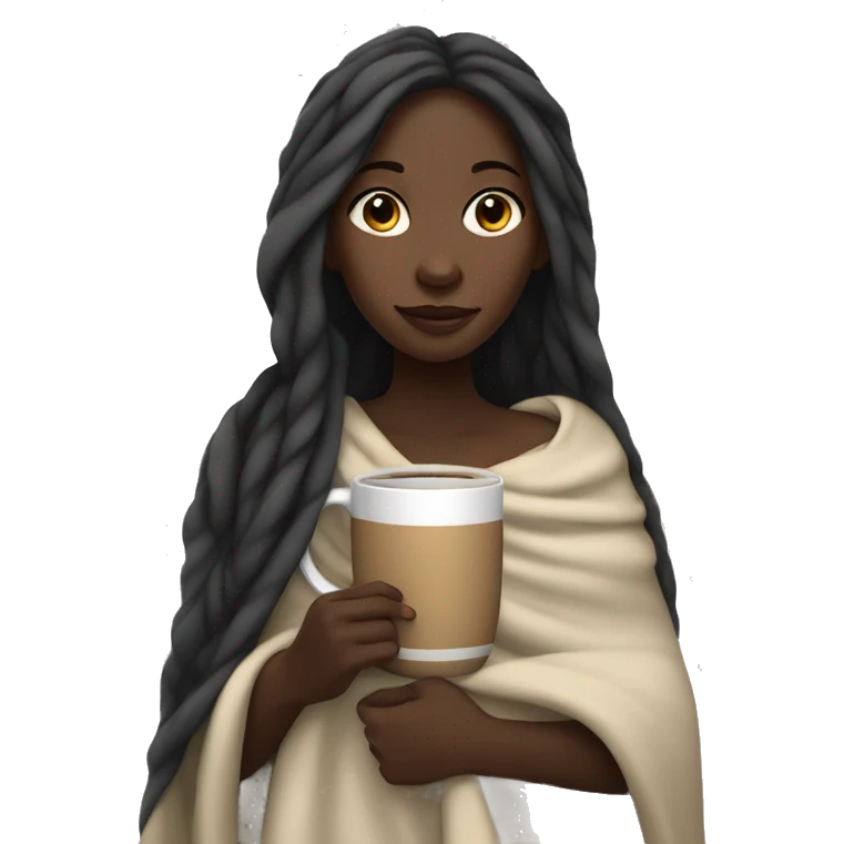Black girl with long hair with blanket wrapped around her and mug in hand emoji