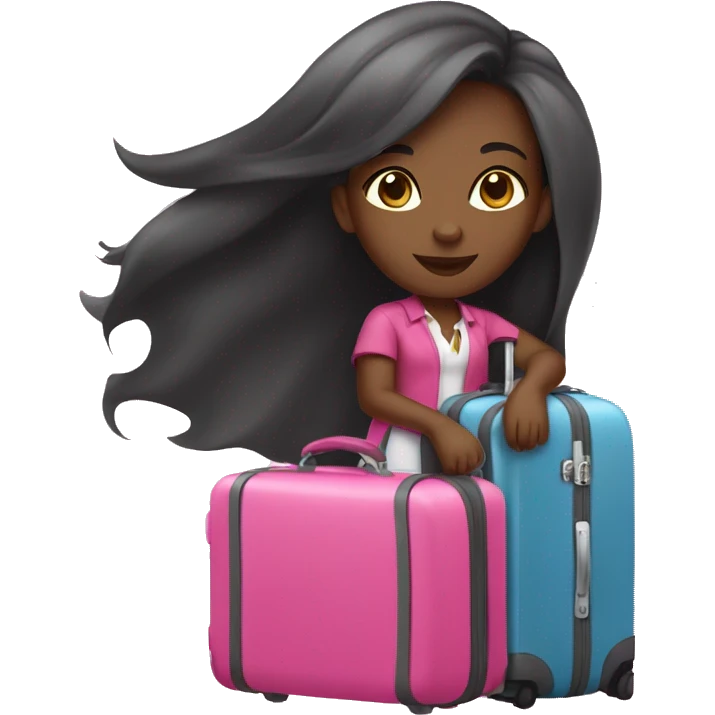 Black girl with long straight hair who loves to travel with pink suitcase emoji