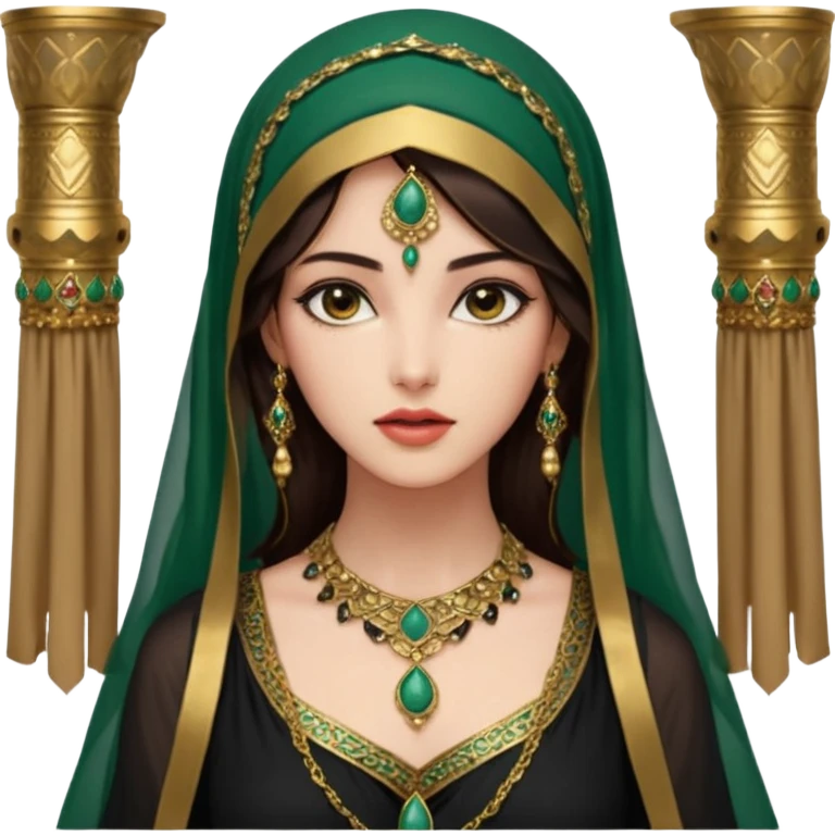 Mujer joven, morena, de gran belleza y porte misterioso.
 mirada intensa y fija; labios marcados.
 Negro, largo, suele ir cubierto parcialmente por un velo
 Ropa de inspiración árabe: túnica colorida (rojo, dorado, verde esmeralda), con detalles dorados o lentejuelas; brazaletes y pendientes. emoji