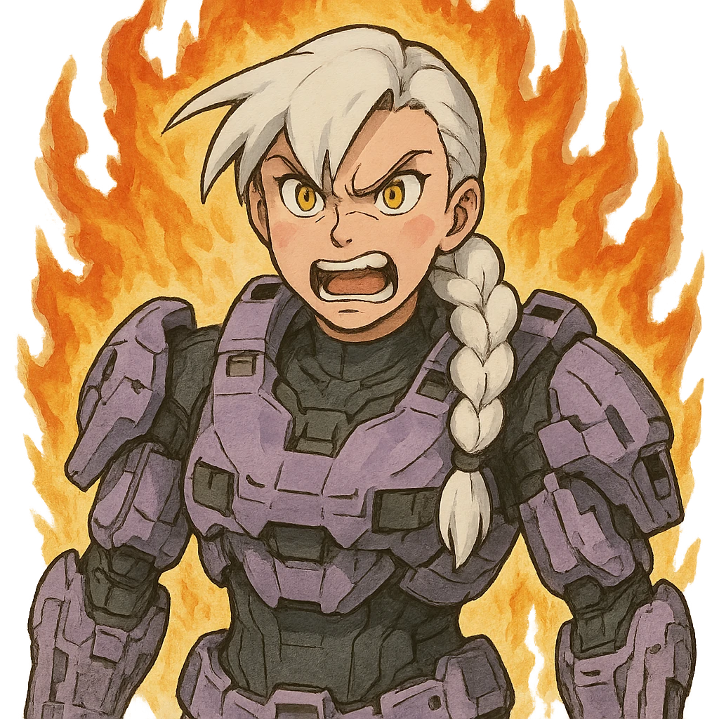 making an angry scowl rage face, rage aura,  female, wearing reach spartan armor shoulder-unequip, long white braid hair with massive messy front side single bangs, gold yellow eyes, attention pose, D-cup size, HALO:series, no helmet, the armor is lavender color scheme, emoji