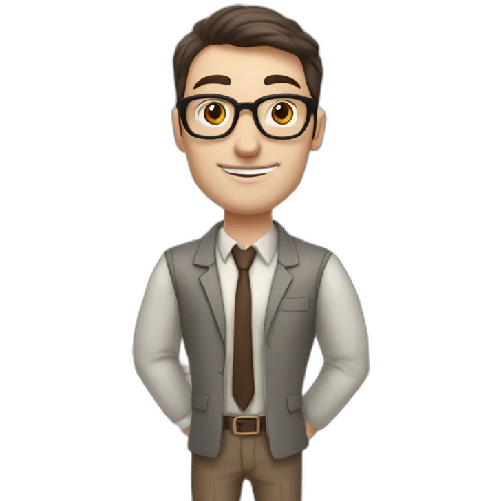 Pale skinned fit man with dark brown hair in gray jacket, beige office shirt, brown tie, brown pants and vintage glasses Writing on the flipchart emoji