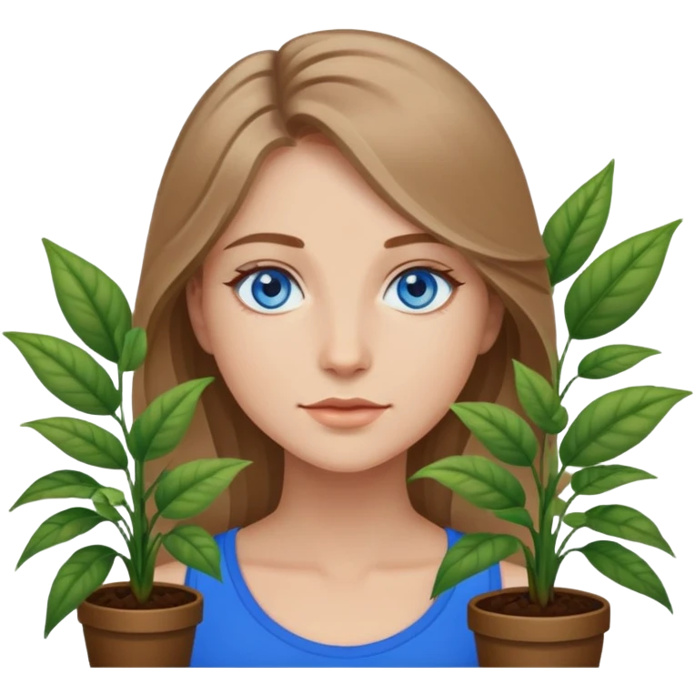 Woman bright blue eyes dark blonde hair and plants emoji
