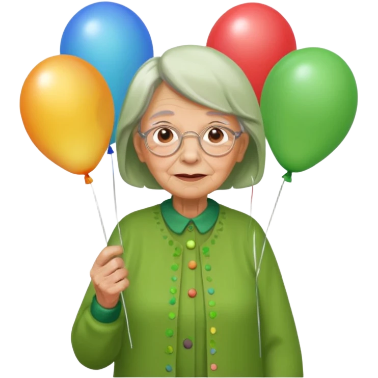 balloons holder old woman green clothes emoji