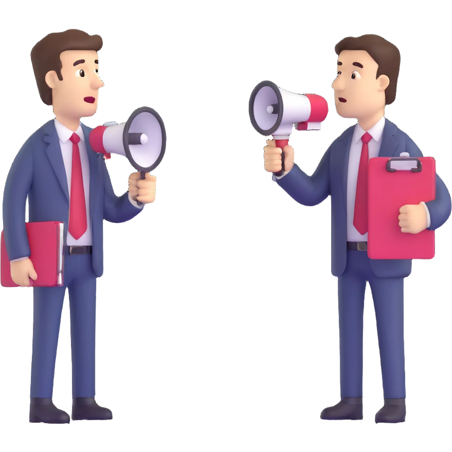 leader with a megaphone and manager with a clipboard facing each other emoji
