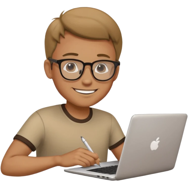 man looking at laptop and writing and smiling emoji