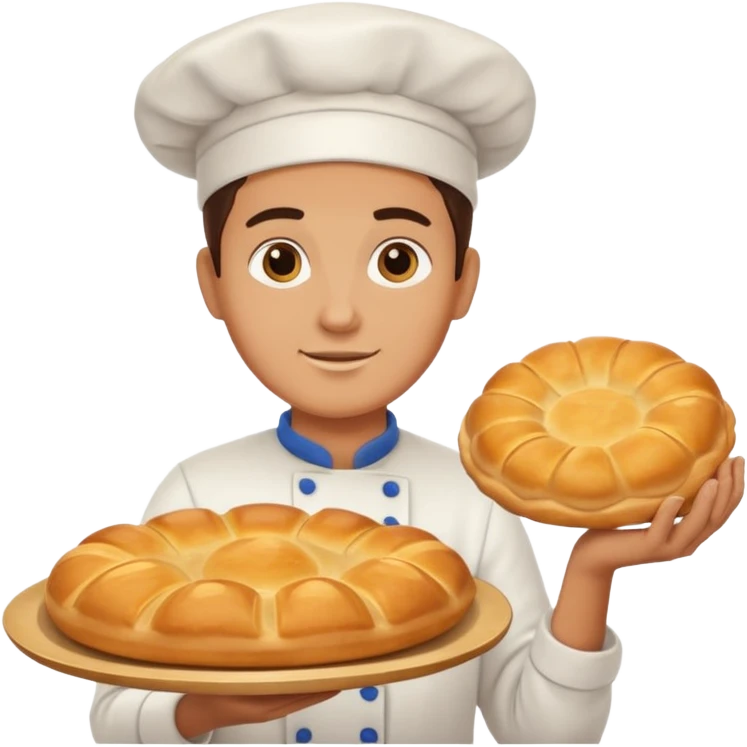 baker holding tray with big bread emoji