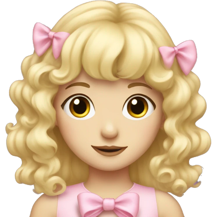 Blonde pale girl with bangs and pink bows in her curly, long hair  emoji