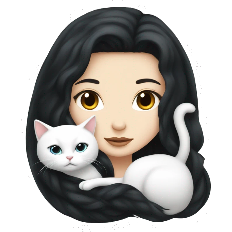 A pretty white girl with very long black hair and sleeping curled up to a white cat  emoji