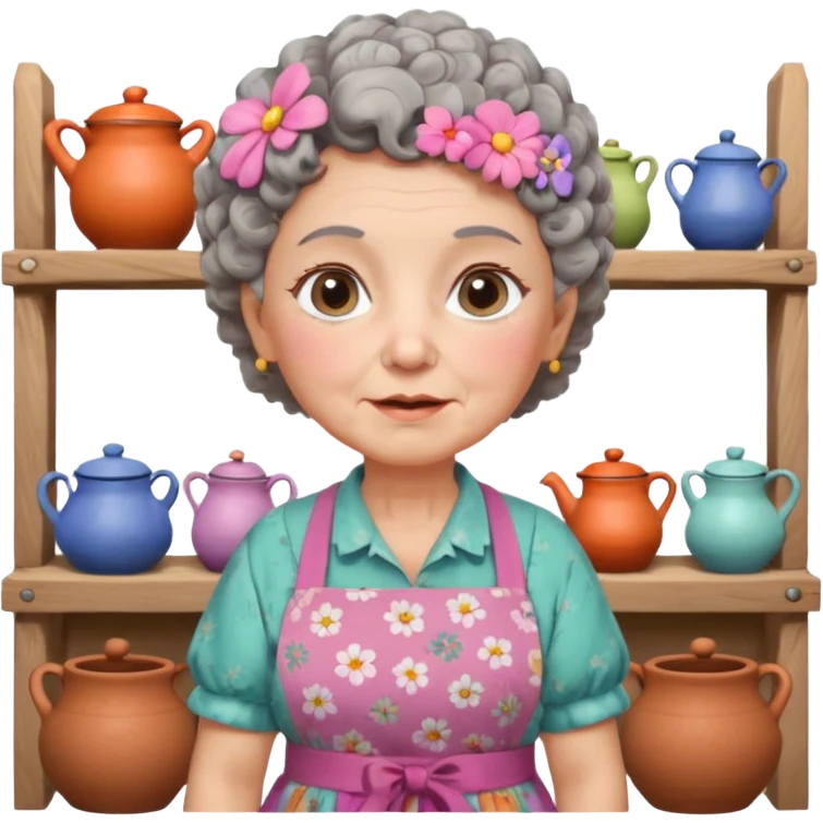 cartoon Apple iOS emoji style rural elderly woman, chubby face, short gray curly hair, flowery blouse, colorful apron, big expressive eyes, pastel colors, Chilean wooden kitchen background, clay pots, warm light, detailed and clean vector art emoji