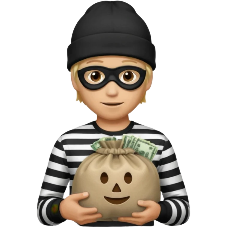 Man with mask and black beanie with black and white striped shirt tan skin blond hair holding a moneybag emoji