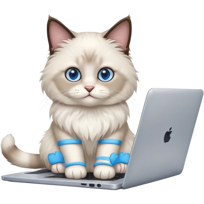 Cute ragdoll cat on a laptop. Should sit on top of the laptop, cat is way bigger than the laptop. Could walk on the laptop or sit emoji