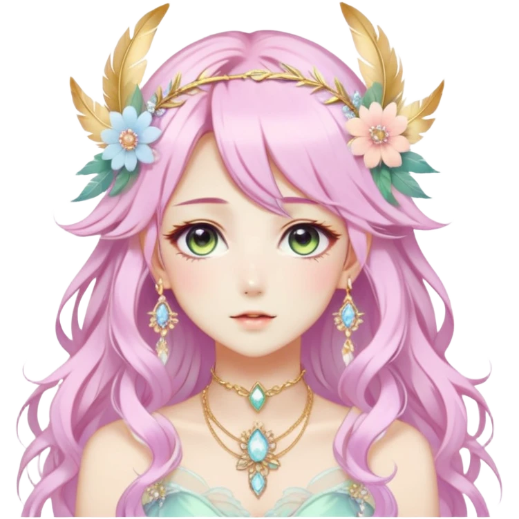 Beautiful gorgeous anime lady with beautiful pastel-special-hair, fashion aesthetic, ethereal, fairycore, pastelcore, feather, flower, crystals, accessories, gold jewelries, gold, colorful, gold laurel, gold halo, cottagecore,  emoji