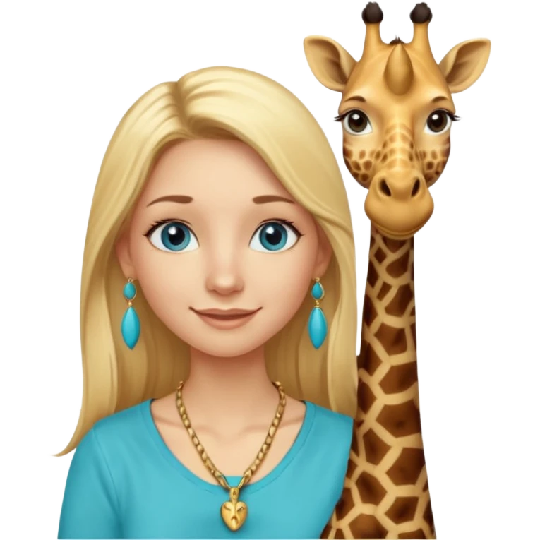 Swedish girl blonde long straigt hair blue eyes turqoise shirt gold earings, girrafe necklace gold small, very long lashes smiling closed mouth,  emoji
