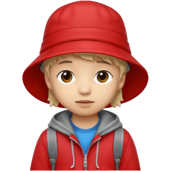 Little student wears red bucket hat and jacket, backpack, shy emoji