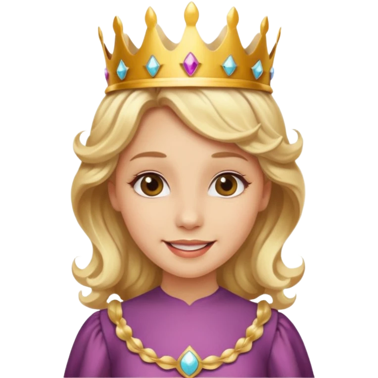 Cheerful blonde princess with wavy hair and light gold dress, wearing crown emoji